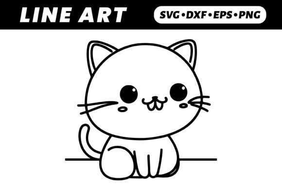 Adorable Kawaii Cat Line Art for Embroidery