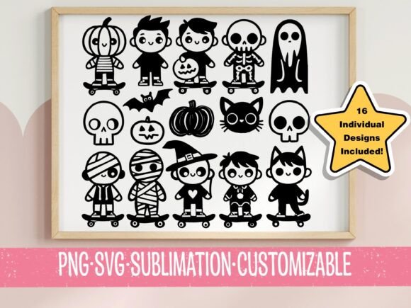 Hand Drawn Halloween Kids on Skateboard Review